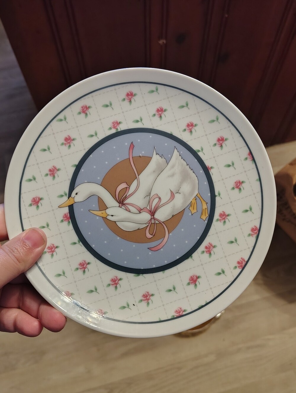 White Duck Motif Decorative Dinner Plate - Floral Accent